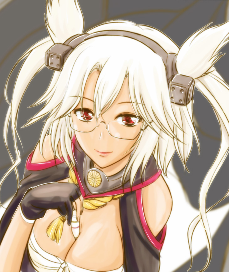 1girl, alternate_hair_color, between_breasts, black_gloves, breasts, bust, dark_skin, glasses