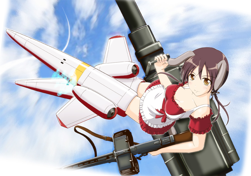 1girl, animal_ears, apron, brown_eyes, brown_hair, clouds, dirndl, dual_wielding, german_clothes, gertrud_barkhorn, gun, long_hair, looking_at_viewer, machine_gun, mg42, sky, solo, strike_witches, striker_unit, twintails, weapon, xanadu