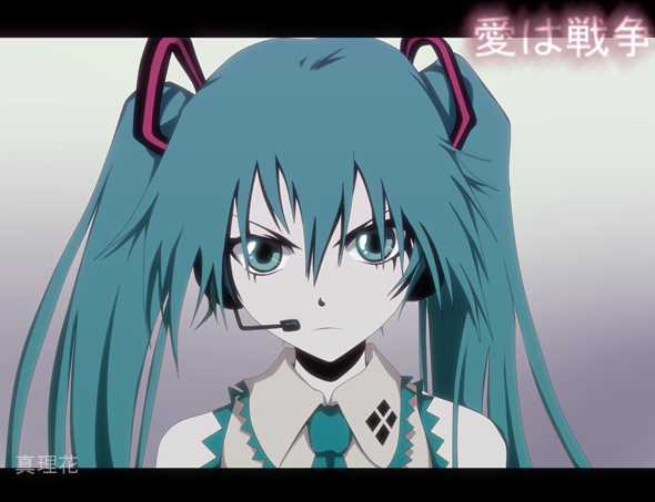 angry, aqua_eyes, aqua_hair, bust, hatsune_miku, headphones, headset, koi_wa_sensou_(vocaloid)