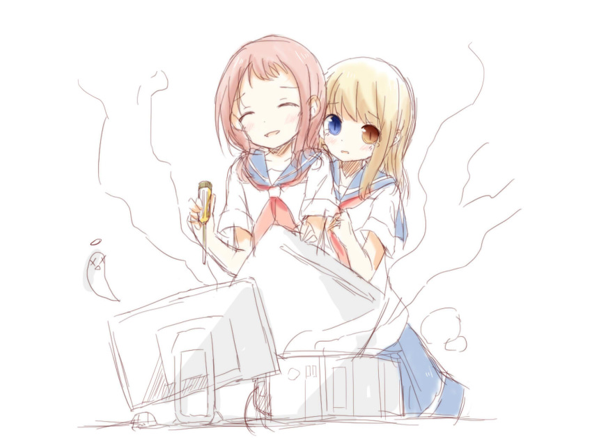 2girls, blonde_hair, blush, couple, fud, fukuji_mihoko, heterochromia, multiple_girls