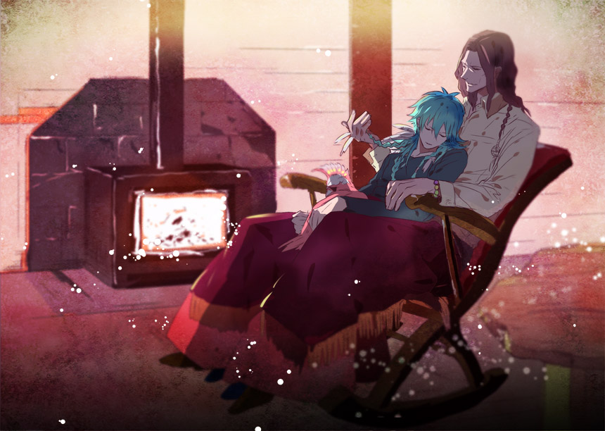 2boys, asya6921, bird, blanket, blue_hair, braid, brown_hair, chair, closed_eyes, couple, dramatical_murder, hand_in_another's_hair, long_hair, mink_(dramatical_murder), multiple_boys, rocking_chair, seragaki_aoba, sitting, smile, tori_(dramatical_murder), yaoi