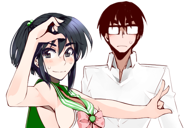 1boy, 1girl, bishoujo_senshi_sailor_moon, black_eyes, black_hair, blush, breasts, cleavage