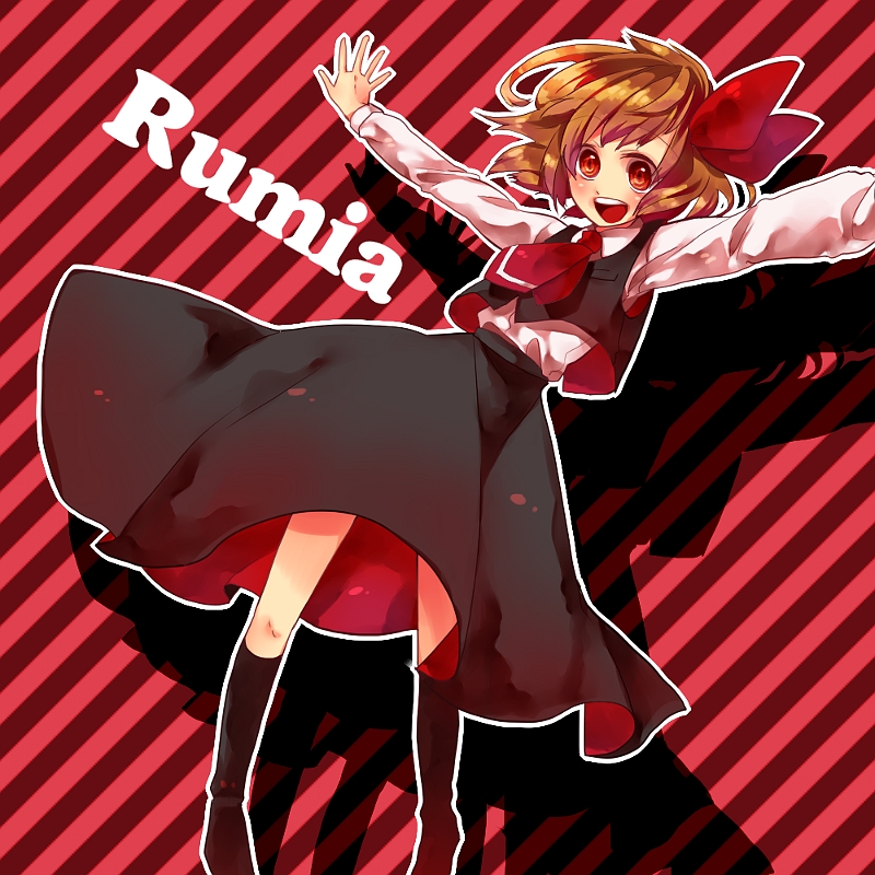 bad_id, blonde_hair, character_name, hair_ribbon, outstretched_arms, red_eyes, ribbon, rumia, shiratamako, short_hair, solo, spread_arms, touhou