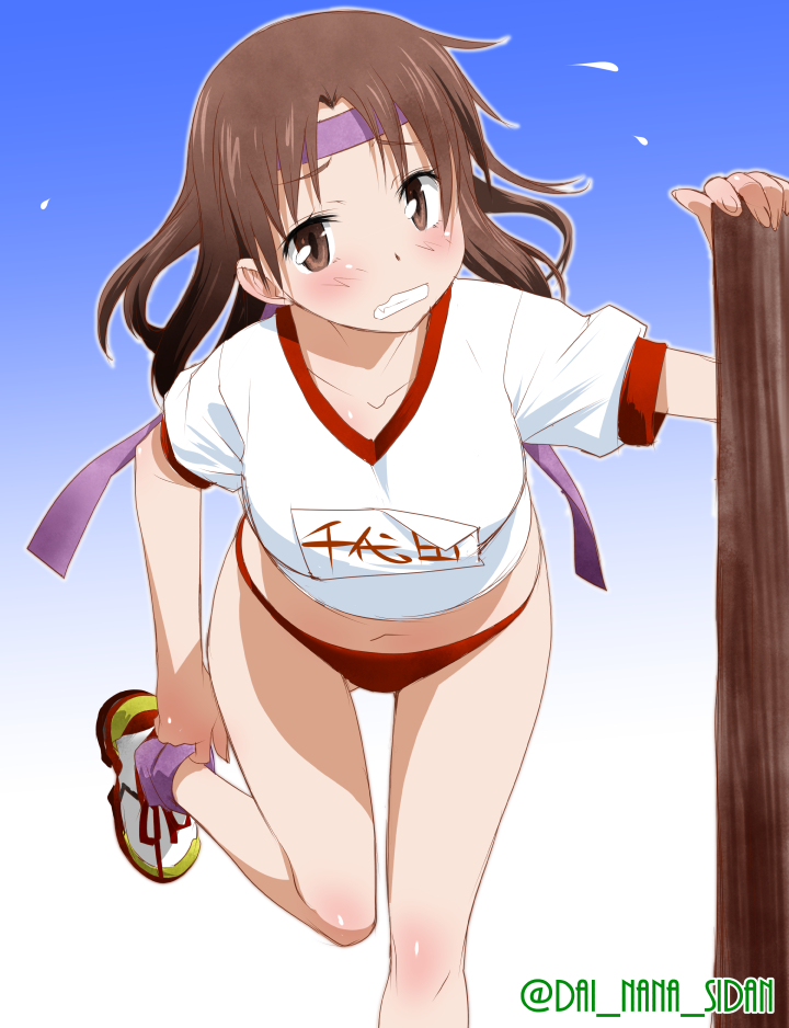 1girl, brown_eyes, brown_hair, buruma, chiyoda_(kantai_collection), gym_uniform, headband, kantai_collection, long_hair, salamander_(team_7th), teeth