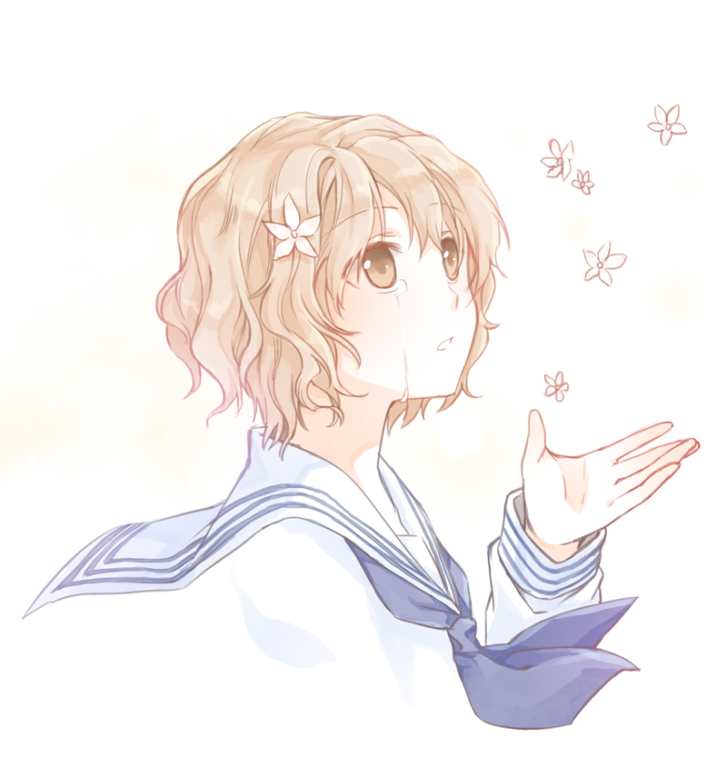 1girl, brown_eyes, brown_hair, hanasaku_iroha, matsumae_ohana, school_uniform, serafuku, short_hair, shye, tears