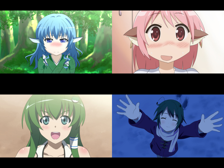 >:d, 4girls, :d, ^_^, alternate_costume, anime_coloring, bare_shoulders, blue_eyes