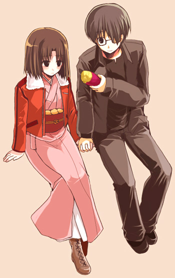 1girl, black_hair, blush, boots, brown_eyes, brown_hair, couple, glasses