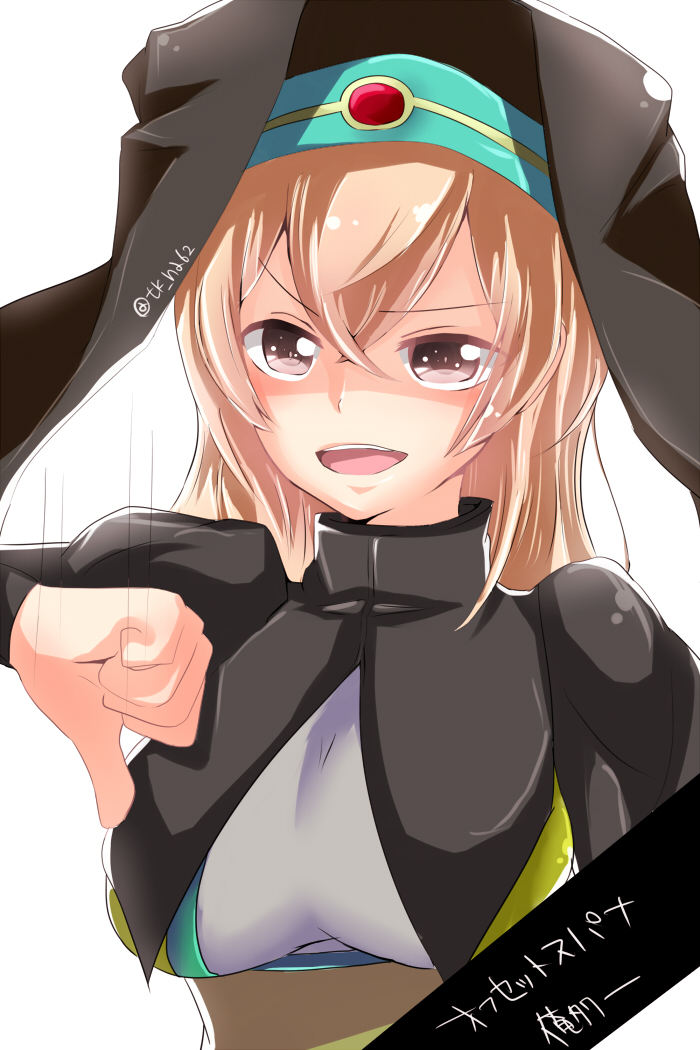 artist_request, blonde_hair, brown_eyes, character_name, headwear, offset_spanner_(ole_tower), ole_tower, twitter_username