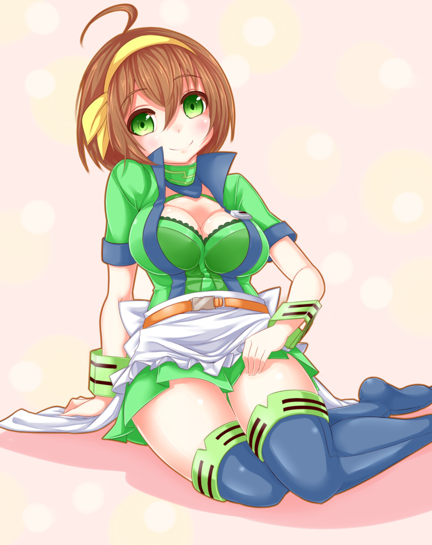 1girl, breasts, brown_hair, collar, green_eyes, headband, highres, long_nose_plier_(ole_tower)