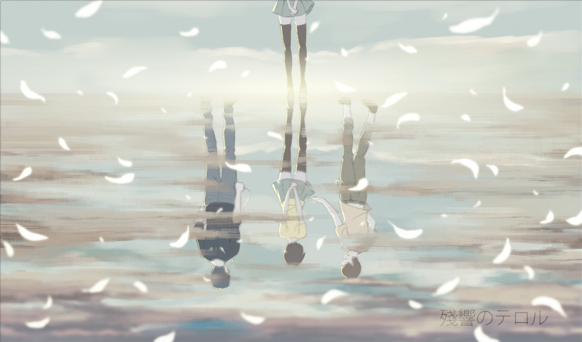 1girl, 2boys, black_hair, black_legwear, brown_hair, caicai_(cafacaicai), copyright_name, feathers