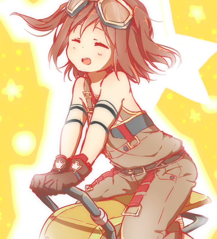 artist_request, brown_hair, closed_eyes, gloves, goggles, ole_tower, overalls, rammer_(ole_tower)