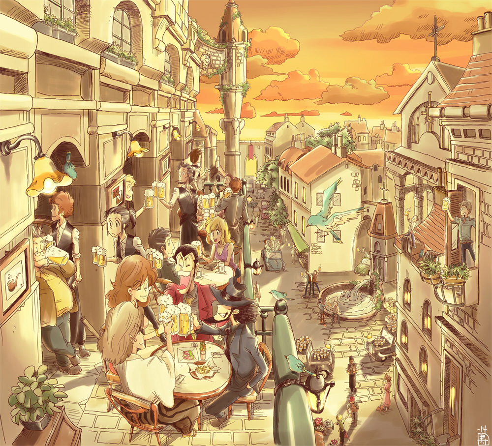 6+boys, 6+girls, alcohol, arsene_lupin_iii, beard, beer, beer_mug, bird