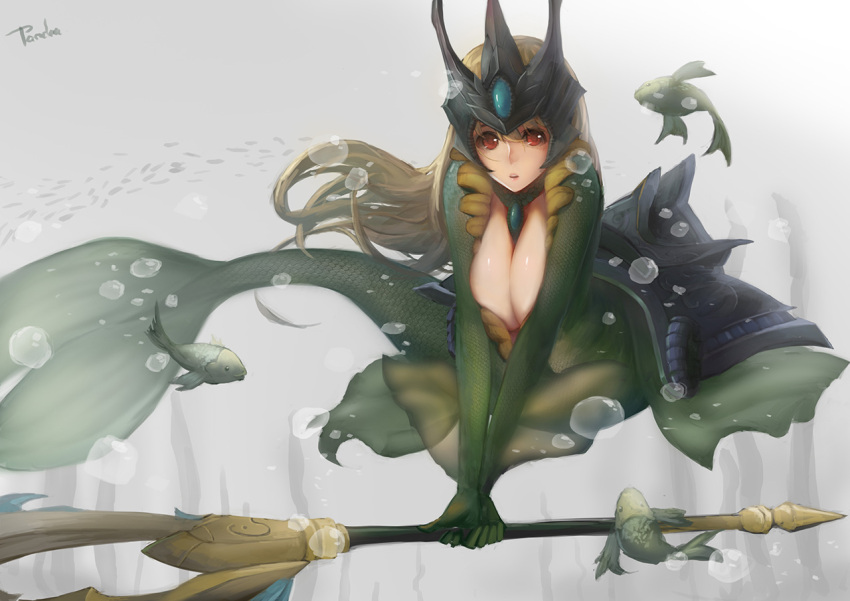 blonde_hair, breasts, cleavage, crown, fish, fish_tail, huge_breasts, league_of_legends