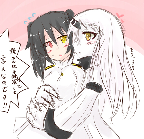 2girls, female_admiral_(kantai_collection), heterochromia, hug, kantai_collection, kotatsumuri, lowres, multiple_girls