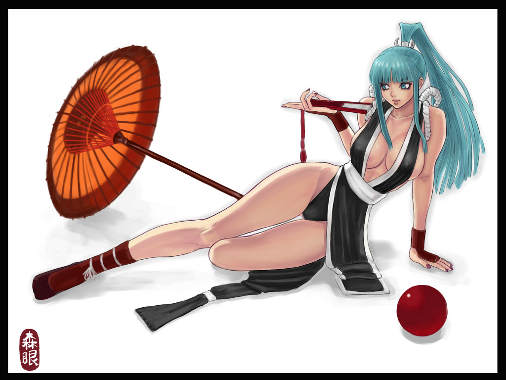 1girl, aqua_eyes, aqua_hair, ark_(morita_hitomi), breasts, cleavage, cosplay, fan, folding_fan, large_breasts, legs, morrigan_aensland, nail_polish, orb, oriental_umbrella, shiranui_mai_(cosplay), sitting, socks, solo, umbrella, vampire_(game), white_background