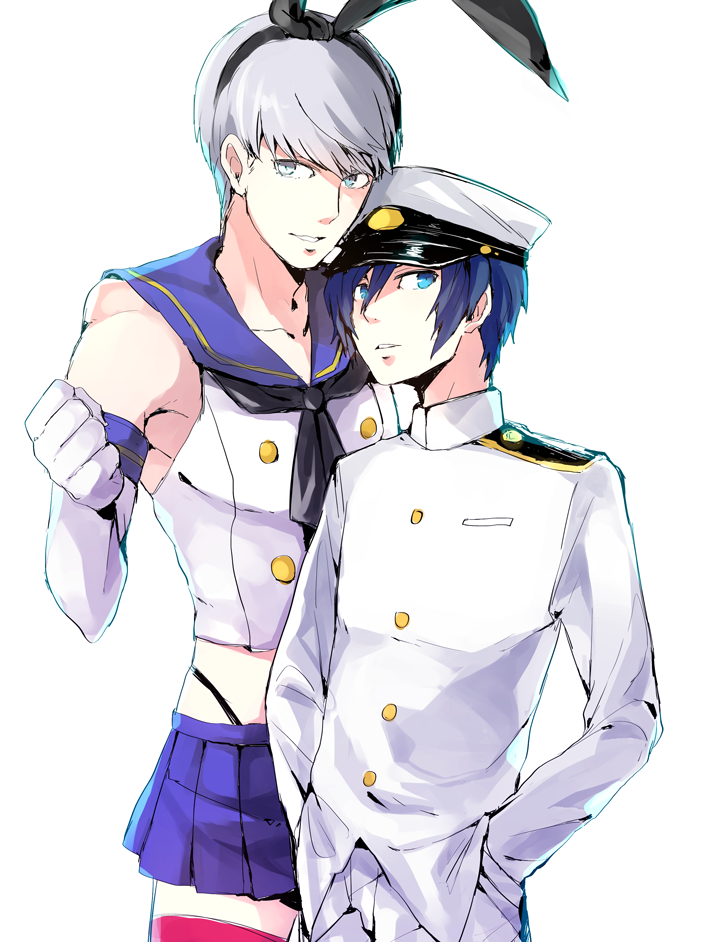 2boys, admiral_(kantai_collection), admiral_(kantai_collection)_(cosplay), arisato_minato, bare_shoulders, blue_eyes, blue_hair, cosplay, crossdressinging, enomoto_(puchi25micro), grey_eyes, grey_hair, grin, hair_ribbon, hands_in_pockets, hat, highleg, highleg_panties, kantai_collection, looking_at_viewer, microskirt, multiple_boys, narukami_yuu, panties, persona, persona_3, persona_4, ribbon, shimakaze_(kantai_collection), shimakaze_(kantai_collection)_(cosplay), skirt, smile, striped, striped_legwear, thigh-highs, underwear, yuuki_makoto
