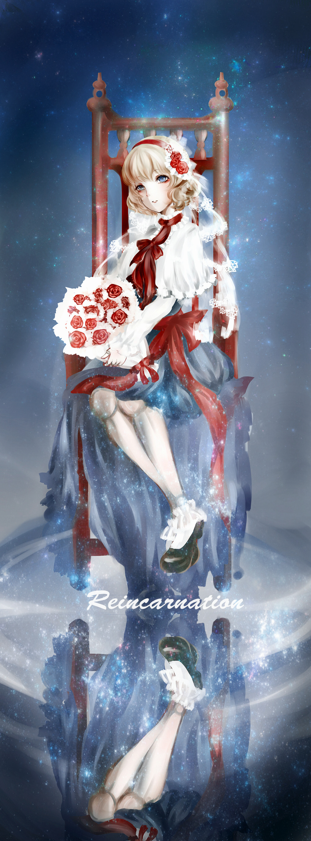 1girl, absurdres, alice_margatroid, blonde_hair, blue_eyes, bouquet, chair, english