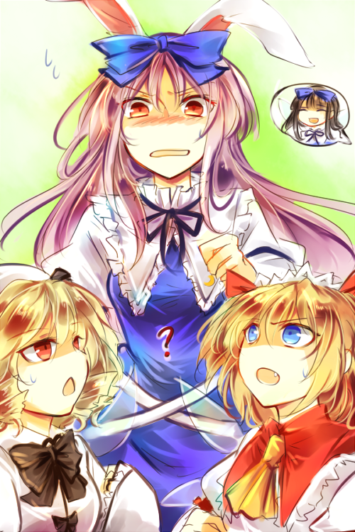 4girls, ?, animal_ears, ascot, black_hair, blonde_hair, blue_dress, blue_eyes