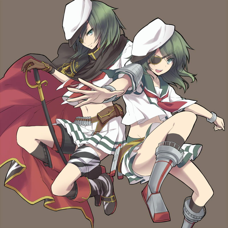 ammunition_belt, bracelet, cape, dual_persona, eyepatch, gloves, green_eyes, green_hair