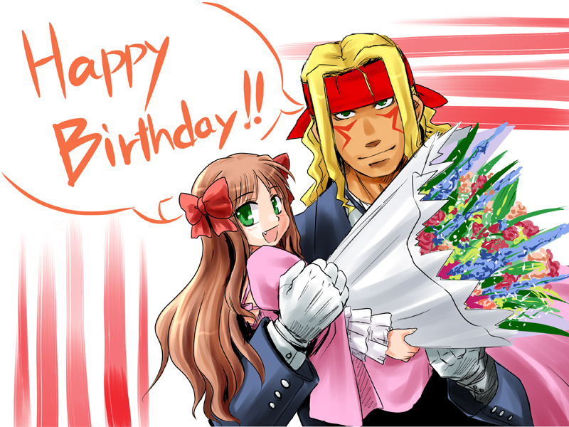 arima_miyako, birthday, blonde_hair, bow, brown_hair, crossover, english, fang