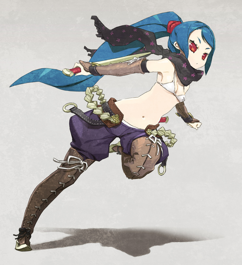 7th_dragon, bikini_top, blue_hair, boots, dagger, detached_sleeves, highres, long_hair