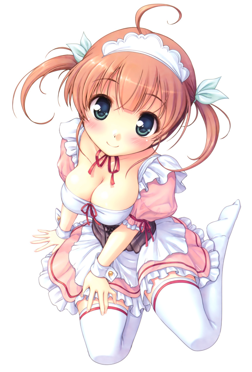 1girl, absurdres, ahoge, bekkankou, blue_eyes, blush, breasts, brown_hair