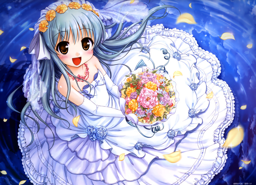 1girl, :d, absurdres, bekkankou, bouquet, bridal_veil, brown_eyes, daitoshokan_no_hitsujikai