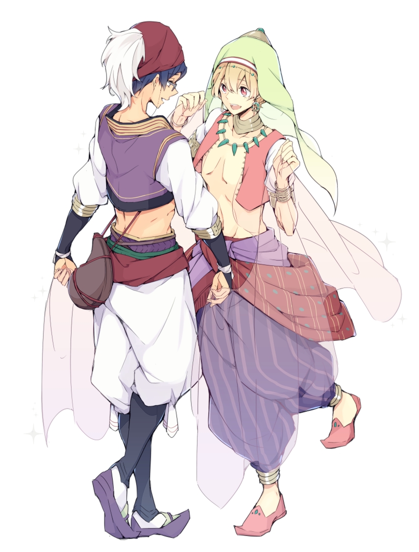 2boys, arabian_clothes, bota_(container), choker, dancer, free!, from_behind, hat, hazuki_nagisa, jewelry, male, midriff, multiple_boys, navel, necklace, ryuugazaki_rei, short_hair, smile, splash_free