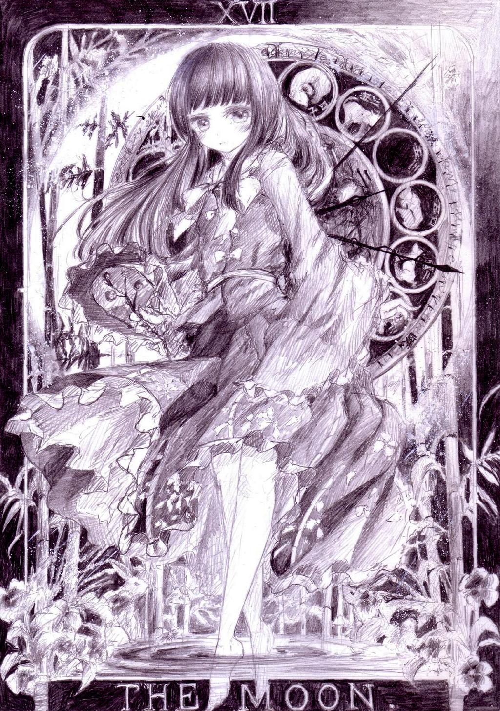 1girl, bamboo, bare_legs, barefoot, bow, branch, clock, commentary_request