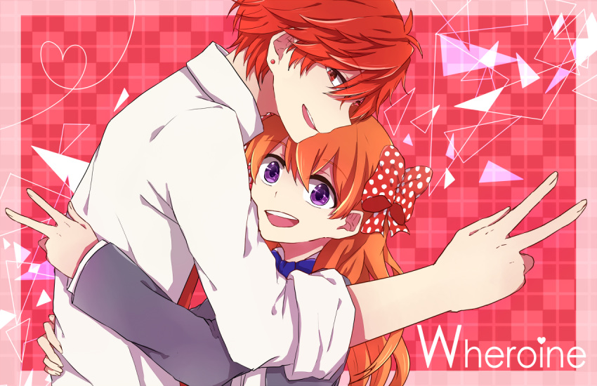 1boy, 1girl, bow, gekkan_shoujo_nozaki-kun, hair_bow, heart, heart_of_string, hug