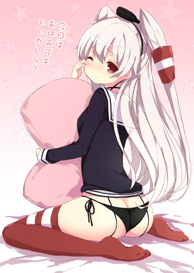 1girl, amatsukaze_(kantai_collection), ass, blonde_hair, brown_eyes, butt_crack, garter_straps, kantai_collection