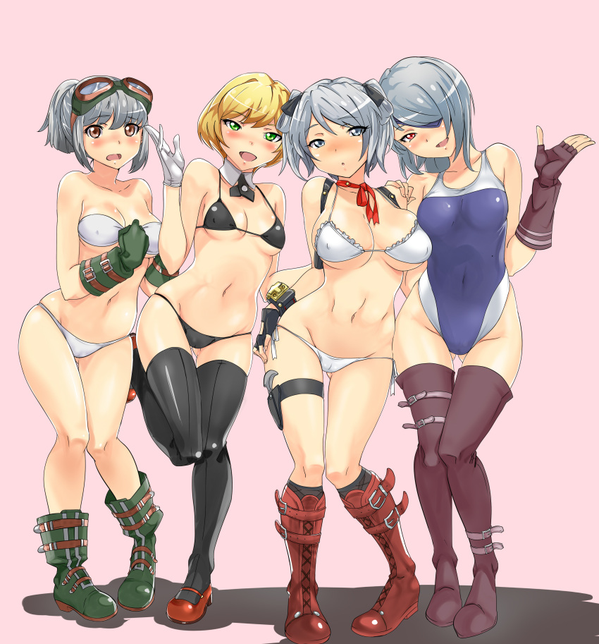 4girls, absurdres, bikini, blonde_hair, boots, brown_eyes, ciel_alencon, competition_swimsuit, fran_francois_francesca_de_bourgogne, gina_dickinson, gloves, god_eater, god_eater_2, goggles, goggles_on_head, green_eyes, hair_over_one_eye, hekeniko, highres, kusunoki_rikka, lowleg, lowleg_bikini, multiple_girls, one-piece_swimsuit, ponytail, red_eyes, short_hair, silver_hair, swimsuit, thigh-highs, twintails