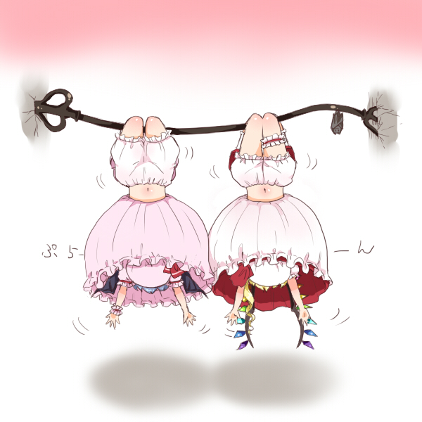 2girls, bat, bat_wings, bloomers, dress, flandre_scarlet, hanging, laevatein