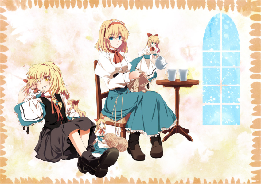 2girls, alice_margatroid, apron, blonde_hair, blue_dress, blue_eyes, blush, bow