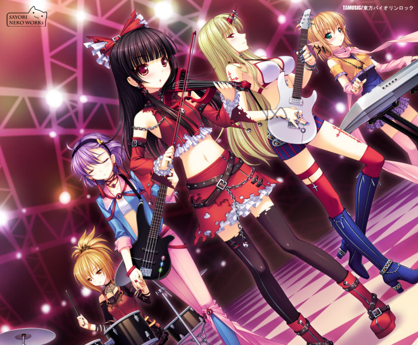 bad_id, band, bass_guitar, belt, bikini_top, black_hair, blonde_hair, boots, chain, choker, concert, drum, drum_set, electric_violin, guitar, hakurei_reimu, horn, hoshiguma_yugi, hoshiguma_yuugi, instrument, keyboard_(instrument), komeiji_satori, kurodani_yamame, midriff, mizuhashi_parsee, music, pointy_ears, purple_hair, sayori, scarf, thigh-highs, thighhighs, torn_clothes, touhou, violin, zettai_ryouiki