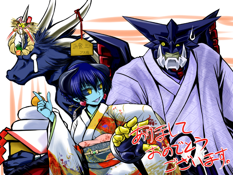 1boy, arioch_(shinrabanshou), arm_grab, astaroth, astaroth_(shinrabanshou), black_sclera, blue_hair, blue_skin, character_request, demon_girl, earrings, horns, inusurvivor, japanese_clothes, jewelry, kimono, new_year, shinrabanshou, yellow_eyes