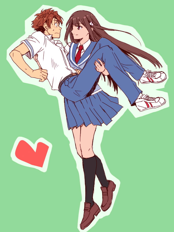1boy, 1girl, black_hair, brown_eyes, brown_hair, buddy_complex, carrying, fuukoym6886