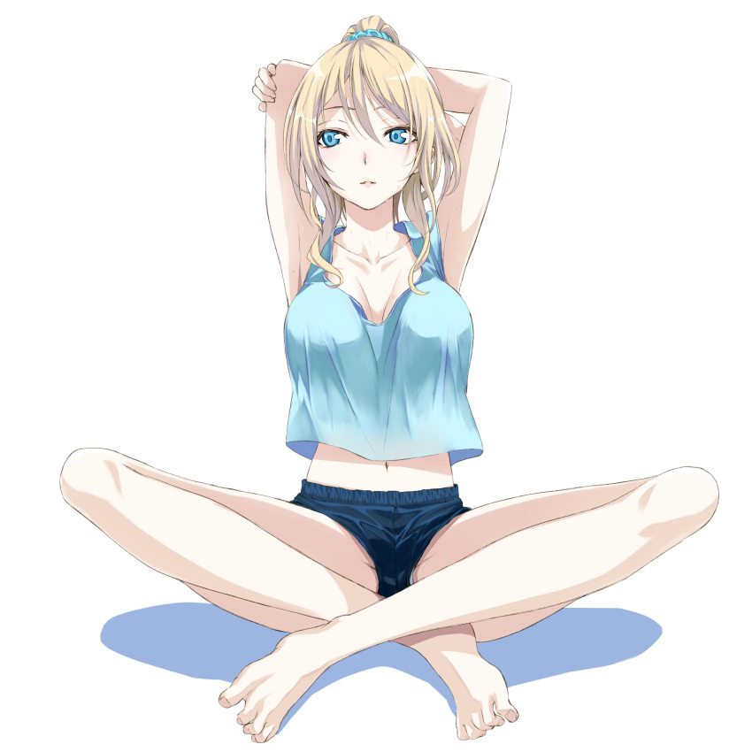 1girl, absurdres, armpits, arms_behind_head, arms_up, ayase_eli, bare_legs, barefoot