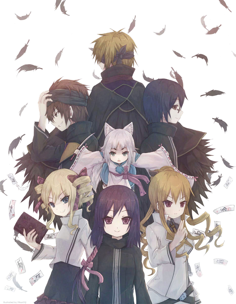 animal_ears, ato_touji, black_feathers, dairenji_suzuka, fox_ears, highres, hikari_niji, kon_(tokyo_ravens), kurahashi_kyouko, momoe_tenma, ofuda, robe, tokyo_ravens, tsuchimikado_harutora, tsuchimikado_natsume