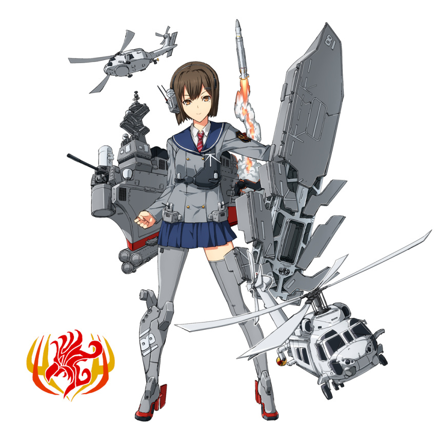 brown_eyes, brown_hair, firing, hair_ornament, hairclip, helicopter, hyuuga_(jmsdf), kantai_collection