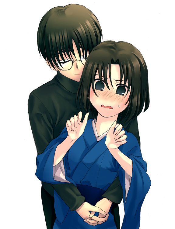 black_hair, blush, glasses, hug, japanese_clothes, kara_no_kyoukai, kimono, kokutou_mikiya