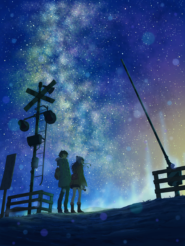 1boy, 1girl, aurora, beanie, boots, brown_hair, dark, fence