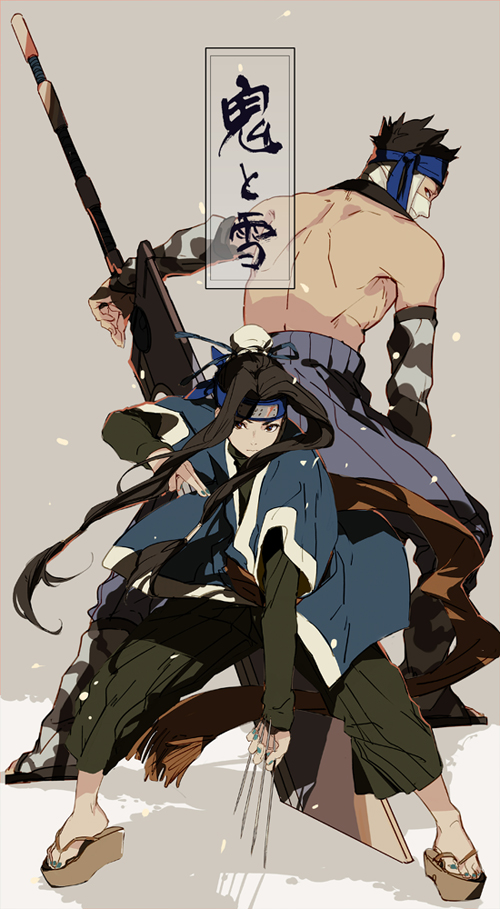 2boys, back-to-back, bandages, black_hair, detached_sleeves, forehead_protector, geta, haku_(naruto)