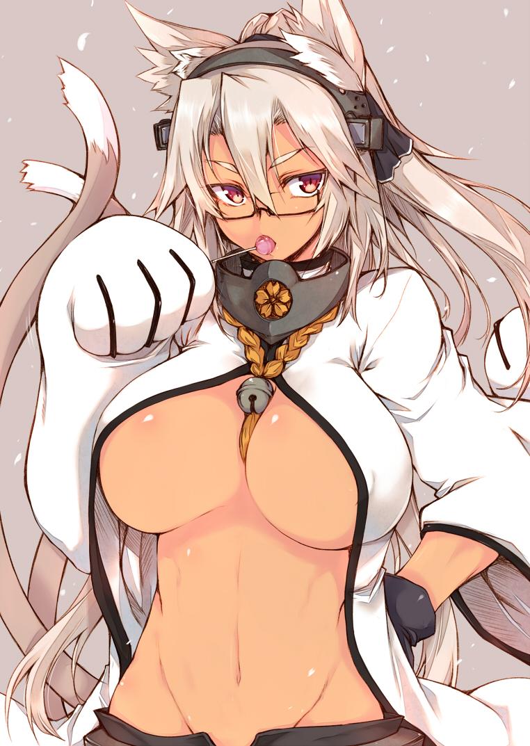 1girl, animal_ears, bell, between_breasts, blazblue, breasts, brown_hair, candy, cat_ears, cat_tail, chupa_chups, commentary, dark_skin, glasses, gloves, hand_on_hip, headgear, jingle_bell, kantai_collection, kokonoe, kokonoe_(cosplay), large_breasts, lollipop, long_hair, mouth_hold, multiple_tails, musashi_(kantai_collection), open_fly, paw_pose, red_eyes, ro-ga_(kurumaya), short_hair, solo, tail, under_boob, unzipped