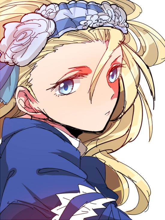 1girl, 7hako, blonde_hair, blue_eyes, bust, flower, hair_strand, hairband