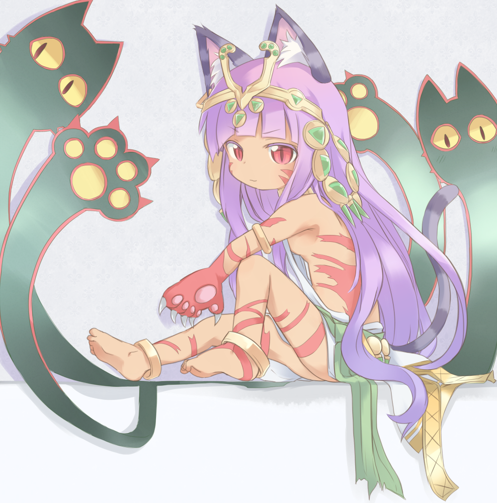 1girl, animal_ears, anklet, armlet, bare_shoulders, barefoot, bastet_(p&amp;d), breasts