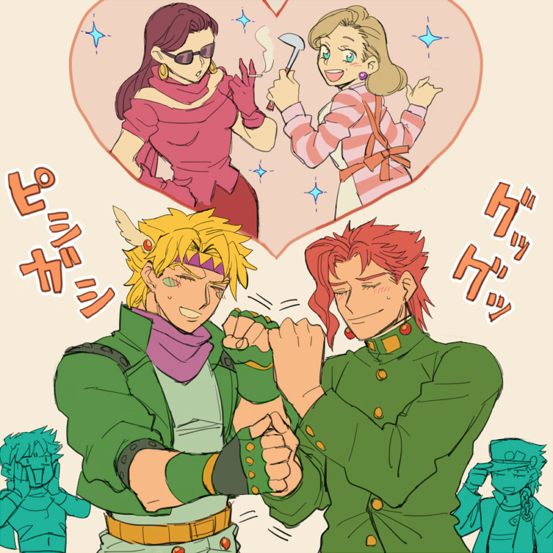 2girls, 4boys, caesar_anthonio_zeppeli, jojo_no_kimyou_na_bouken, joseph_joestar_(young), kakyouin_noriaki, kuujou_holly, kuujou_joutarou