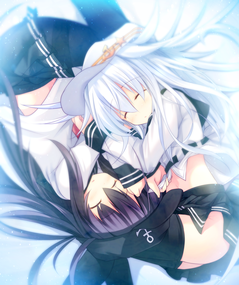2girls, ai_takurou, akatsuki_(kantai_collection), black_hair, black_legwear, blush, hammer_and_sickle, hat, hibiki_(kantai_collection), kantai_collection, long_hair, lying, multiple_girls, on_side, pantyhose, school_uniform, serafuku, silver_hair, skirt, sleeping, thigh-highs, thighband_pantyhose, verniy_(kantai_collection)