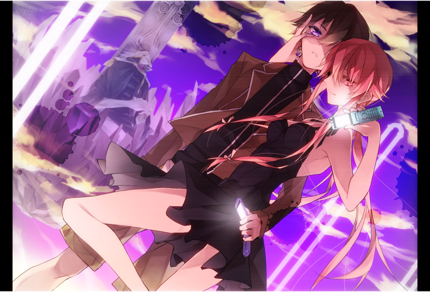 0731sa, 1girl, 2boys, amano_yukiteru, black_dress, breasts, brown_hair, cellphone