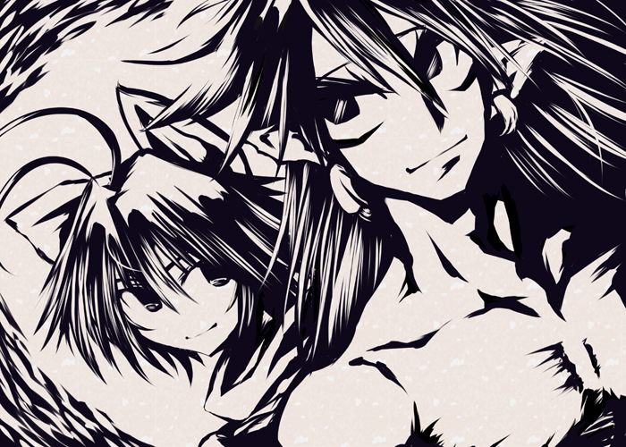 ahoge, animal_ears, bad_id, beige, beryl_(shinrabanshou), cat_ears, character_request, chest, corundum_(shinrabanshou), earrings, inusurvivor, jewelry, long_hair, monochrome, pointy_ears, scarf, shinrabanshou, short_hair